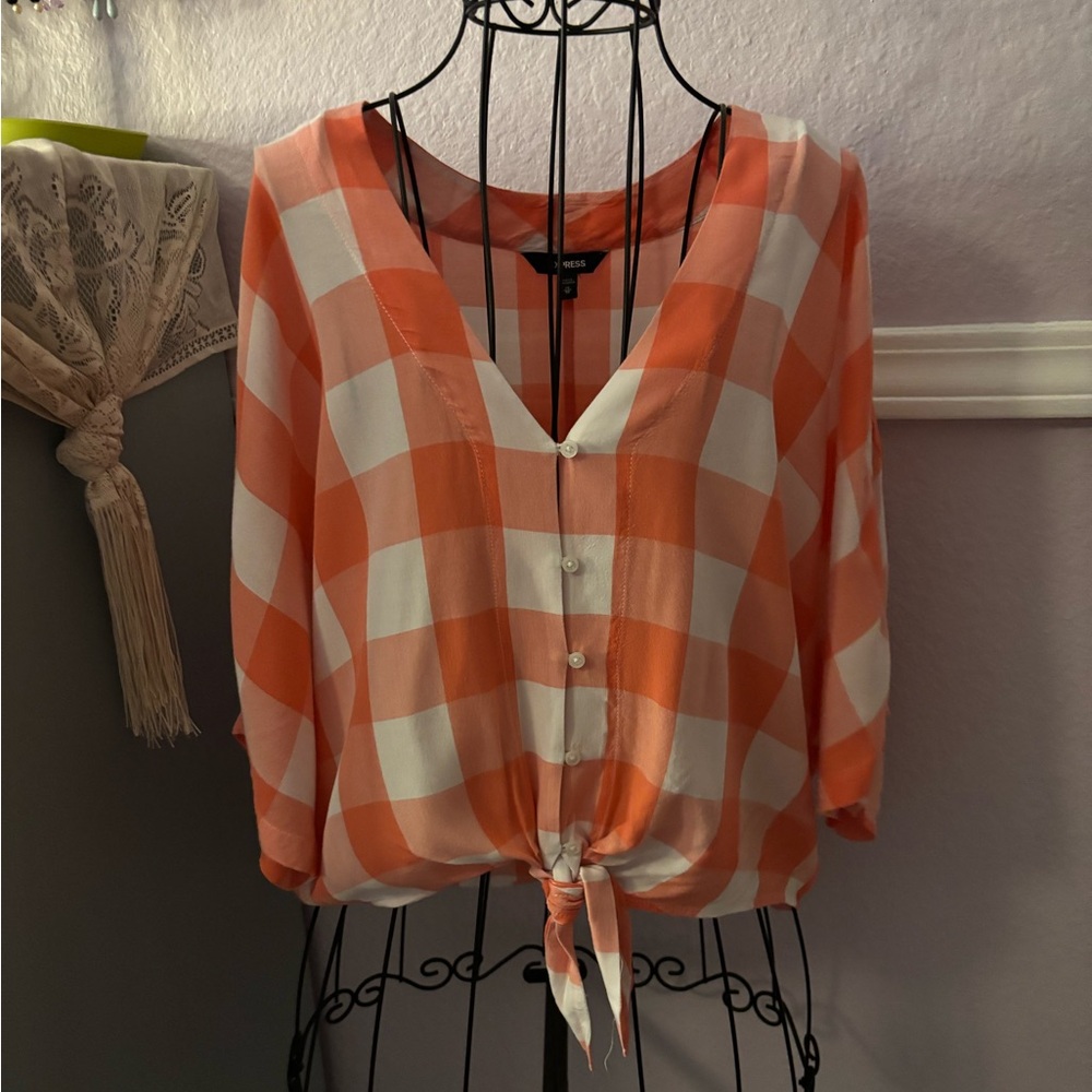 Express Orange and White Plaid Tie Front Blouse Size XS/Small
